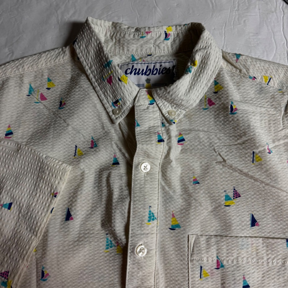 Chubbies Mens XL Seersucker Sailboat Print Short Sleeve Button‎ Down Shirt